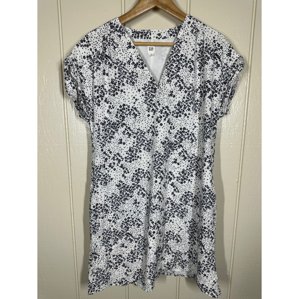 GAP Dress Women M White Blue Floral V-Neck Cap Sleeve Shift Casual 7689
